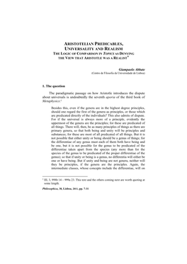 Aristotelian Predicables, Universality and Realism the Logic of Comparison in Topics As Denying the View That Aristotle Was a Realist*