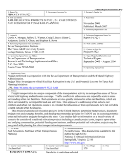 RAIL RELOCATION PROJECTS in the U.S.: CASE STUDIES : and LESSONS for TEXAS RAIL PLANNING November 2006 Published: March 2007 6