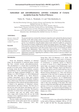 Antioxidant and Anti-Inflammatory Activities Evaluation of Coriaria Myrtifolia from the North of Morocco