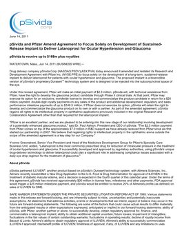 Psivida and Pfizer Amend Agreement to Focus Solely on Development Of