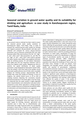 Seasonal Variation in Ground Water Quality and Its Suitability for Drinking and Agriculture –A Case Study in Kancheepuram Region, Tamil Nadu, India