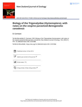 Biology of the Trigonalyidae (Hymenoptera), with Notes on the Vespine Parasitoid Bareogonalos Canadensis