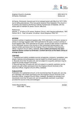Anglican Church in Australia SRG 94/A115 All Saints, Hindmarsh Series List All Saints, Hindmarsh, Became Part of an Enlarged