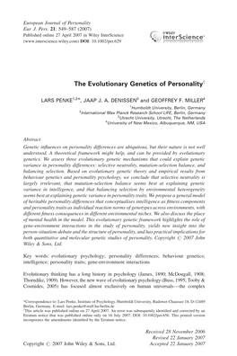 The Evolutionary Genetics of Personalityy