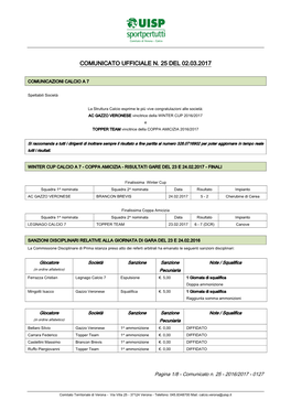 Comunicato Ufficiale N. 25 Del 02.03.2017