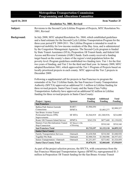 Metropolitan Transportation Commission Programming and Allocations Committee April 14, 2010 Item Number 2F Resolution No