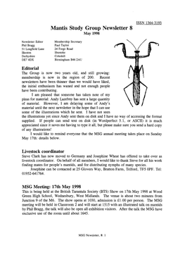 Mantis Study Group Newsletter, 8 (May 1998)