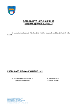 COMUNICATO UFFICIALE N. 19 Stagione Sportiva 2021/2022