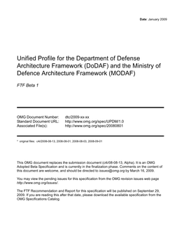 Unified Profile for the Department of Defense Architecture Framework (Dodaf) and the Ministry of Defence Architecture Framework (MODAF)