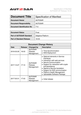 Specification of Manifest AUTOSAR AP Release 18-03