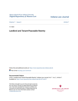 Landlord and Tenant-Peaceable Reentry