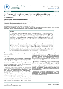 Are Common Polymorphisms of the Lipoprotein Lipase and Human Paraoxonase-1 Genes Associated with the Metabolic Syndrome in South