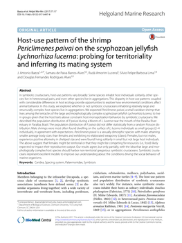 Periclimenes Paivai on the Scyphozoan Jellyfsh Lychnorhiza Lucerna: Probing for Territoriality and Inferring Its Mating System J