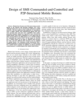 Design of SMS Commanded-And-Controlled and P2P-Structured Mobile Botnets