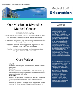 Orientation Our Mission at Riverside Medical Center Core Values