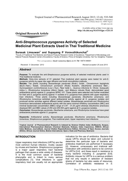 Anti-Streptococcus Pyogenes Activity of Selected Medicinal Plant Extracts Used in Thai Traditional Medicine