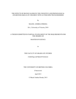 The Effects of Bilingualism on the Cognitive and Phonological Awareness Skills of Children with Autism Spectrum Disorder