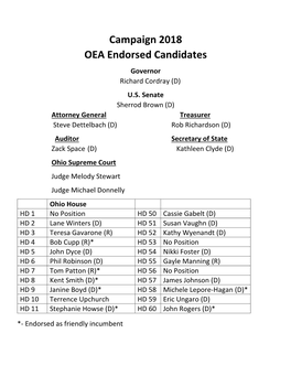 Campaign 2018 OEA Endorsed Candidates Governor Richard Cordray (D) U.S