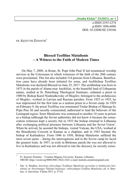 Blessed Teofilius Matulionis – a Witness to the Faith of Modern Times