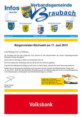 Dachsenhausen, Filsen, Kamp-Born- Liebe Mitbürgerinnen Und Mitbürger, Hofen, Osterspai Gemäß § 27 Der Gemeindeordnung Für Rhld.-Pfalz (Gemo) Vom 31