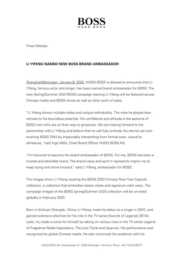 Press Release LI YIFENG NAMED NEW BOSS BRAND
