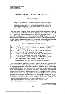 P ± 1 Table 1. Factorial and Primorial Primes