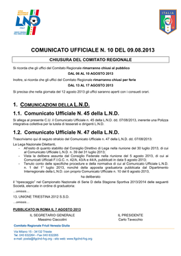 Comunicato Ufficiale N. 10 Del 09.08.2013