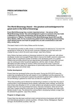 PRESS INFORMATION the World Bioenergy Award – the Greatest