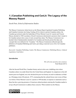 Canadian Publishing and Canlit: the Legacy of the Massey Report