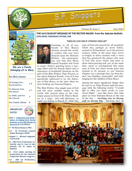THE JULY/AUGUST MESSAGE of the RECTOR MAJOR from the Salesian Bulletin DON ANGEL FERNANDEZ ARTIME, SDB
