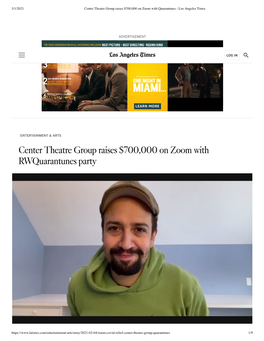 Center Theatre Group Raises $700,000 on Zoom with Quarantunes - Los Angeles Times