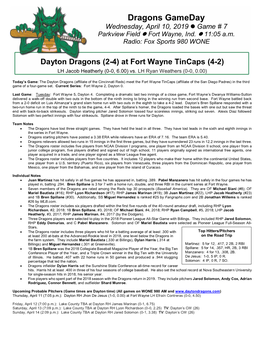 Dragons Gameday Wednesday, April 10, 2019  Game # 7 Parkview Field  Fort Wayne, Ind