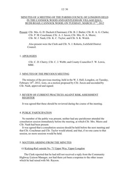 12/ 30 Minutes of a Meeting of the Parish Council of Longdon Held in the Cannock Wood and Gentleshaw Village Hall, Buds Road