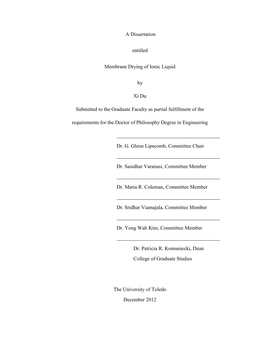 A Dissertation Entitled Membrane Drying of Ionic Liquid by Xi Du Submitted to the Graduate Faculty As Partial Fulfillment Of