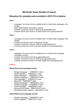BA South Asian Studies (3 Years) Structure for Students Who Enrolled in 2011/12 Or Before