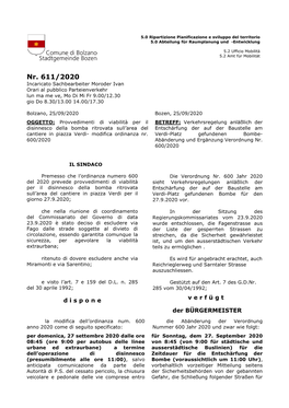 Nr. 611/2020 Incaricato Sachbearbeiter Moroder Ivan Orari Al Pubblico Parteienverkehr Lun Ma Me Ve, Mo Di Mi Fr 9.00/12.30 Gio Do 8.30/13.00 14.00/17.30