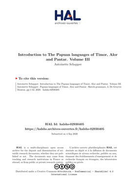 Introduction to the Papuan Languages of Timor, Alor and Pantar. Volume III Antoinette Schapper