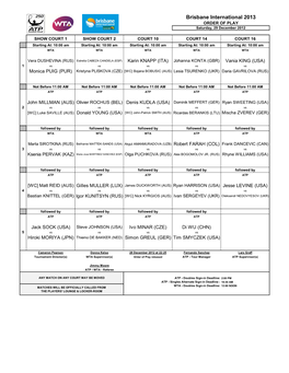 Brisbane International 2013 ORDER of PLAY Saturday, 29 December 2012