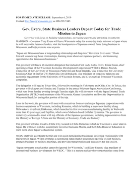 Gov. Evers, State Business Leaders Depart Today for Trade Mission