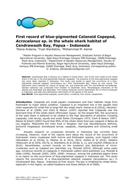 First Record of Blue-Pigmented Calanoid Copepod, Acrocalanus Sp. in the Whale Shark Habitat of Cendrawasih Bay, Papua