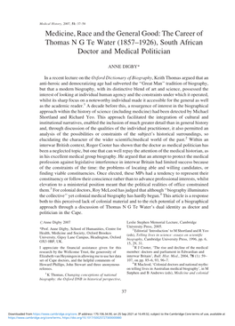 Medicine, Race and the General Good: the Career of Thomas N G Te Water (1857–1926), South African Doctor and Medical Politician