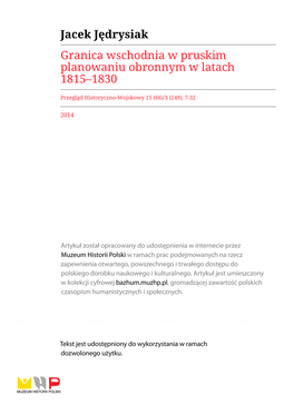 Granica Wschodnia W Pruskim Planowaniu Obronnym W Latach 1815–1830