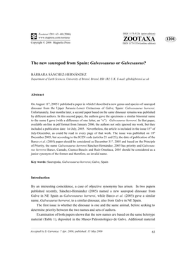 Zootaxa, the New Sauropod from Spain: Galveosaurus Or