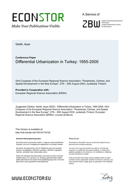 Differential Urbanization in Turkey: 1955-2000