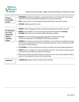 Patient Instructions for 1 Hour Gestational Glucose Tolerance Screen