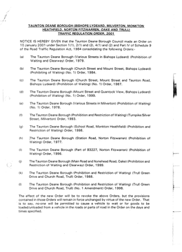 Taunton Deane Borough (Bishops Lydeard, Milverton, Monkton Heathfield, Norton Fitzwarren, Oake and Trull) Traffic Regulation Order 2001