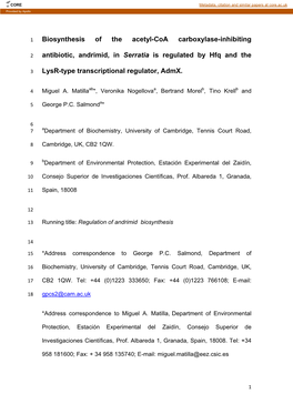 Biosynthesis of the Acetyl-Coa Carboxylase-Inhibiting Antibiotic, Andrimid, in Serratia Is Regulated by Hfq and The