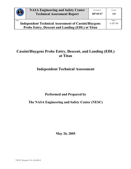 Independent Technical Assessment of Cassini/Huygens Probe Entry