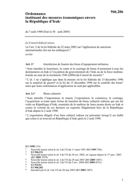 Ordonnance Instituant Des Mesures Économiques Envers La République D'irak1 946.206