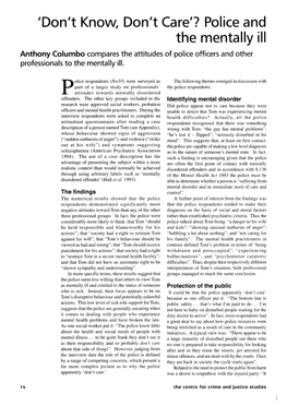 Police and the Mentally Ill Anthony Columbo Compares the Attitudes of Police Officers and Other Professionals to the Mentally Ill